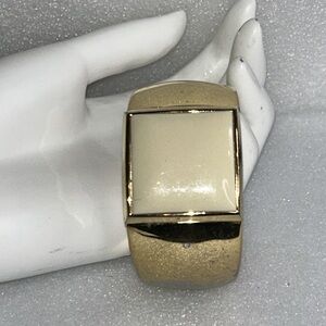 Vintage cuff bracelet wide gold with creamy ivory lucite square, 1 7/8" X 6 1/4